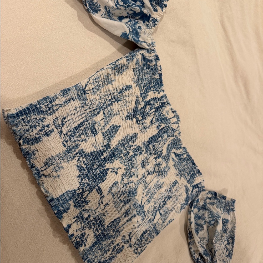 Gianni Bini Blue and White Smocked Blouse